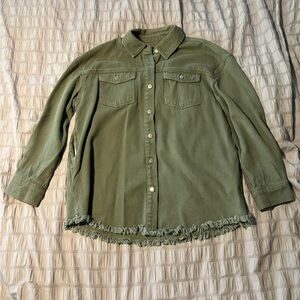 Oversized Olive Button-Up Denim Shirt with Frayed Hem